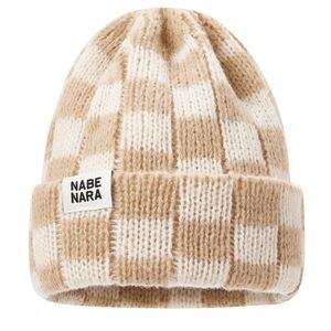 Nabe Nara Neutral White and Beige Checkered Winter Beanie Hat Unisex